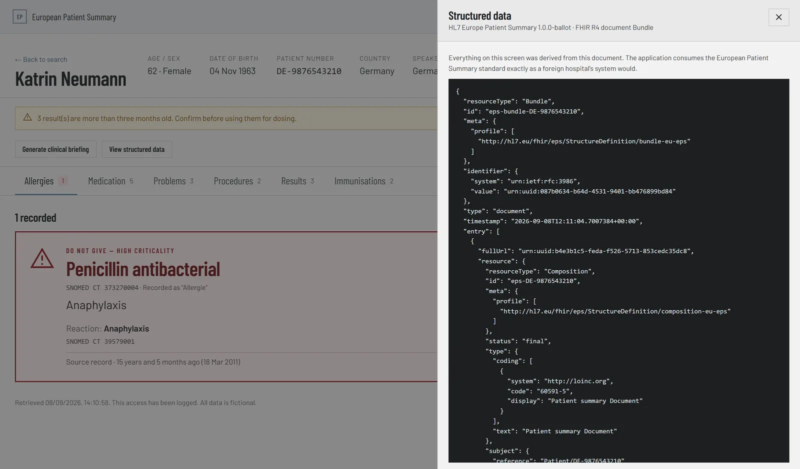De onderliggende FHIR-documentbundel volgens de HL7 Europe Patient Summary