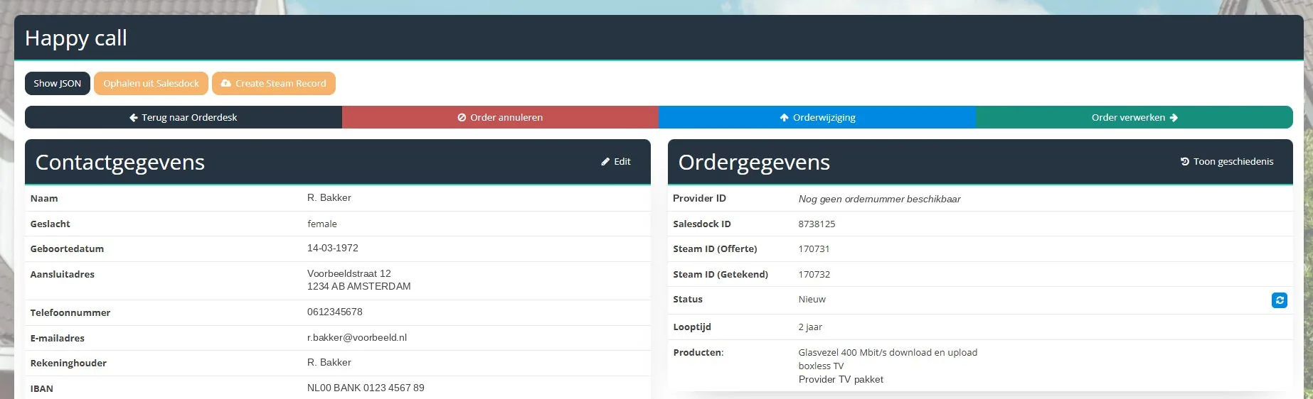 Orderdetail met contact- en ordergegevens