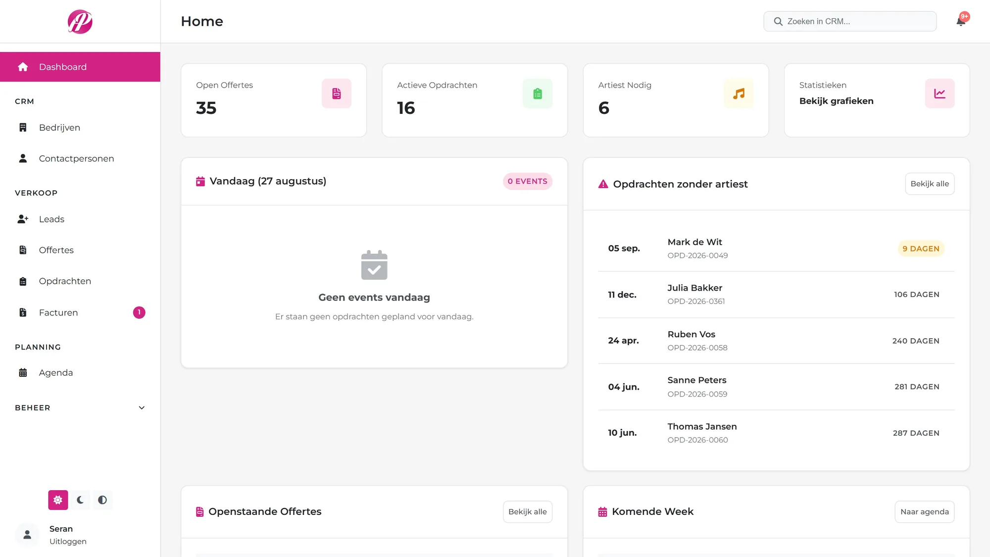 Dashboard van het CRM met openstaande offertes en opdrachten zonder artiest