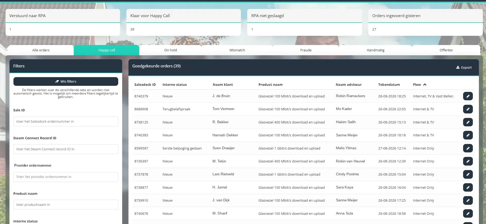 De PARTOF-portal met orderoverzicht en filters