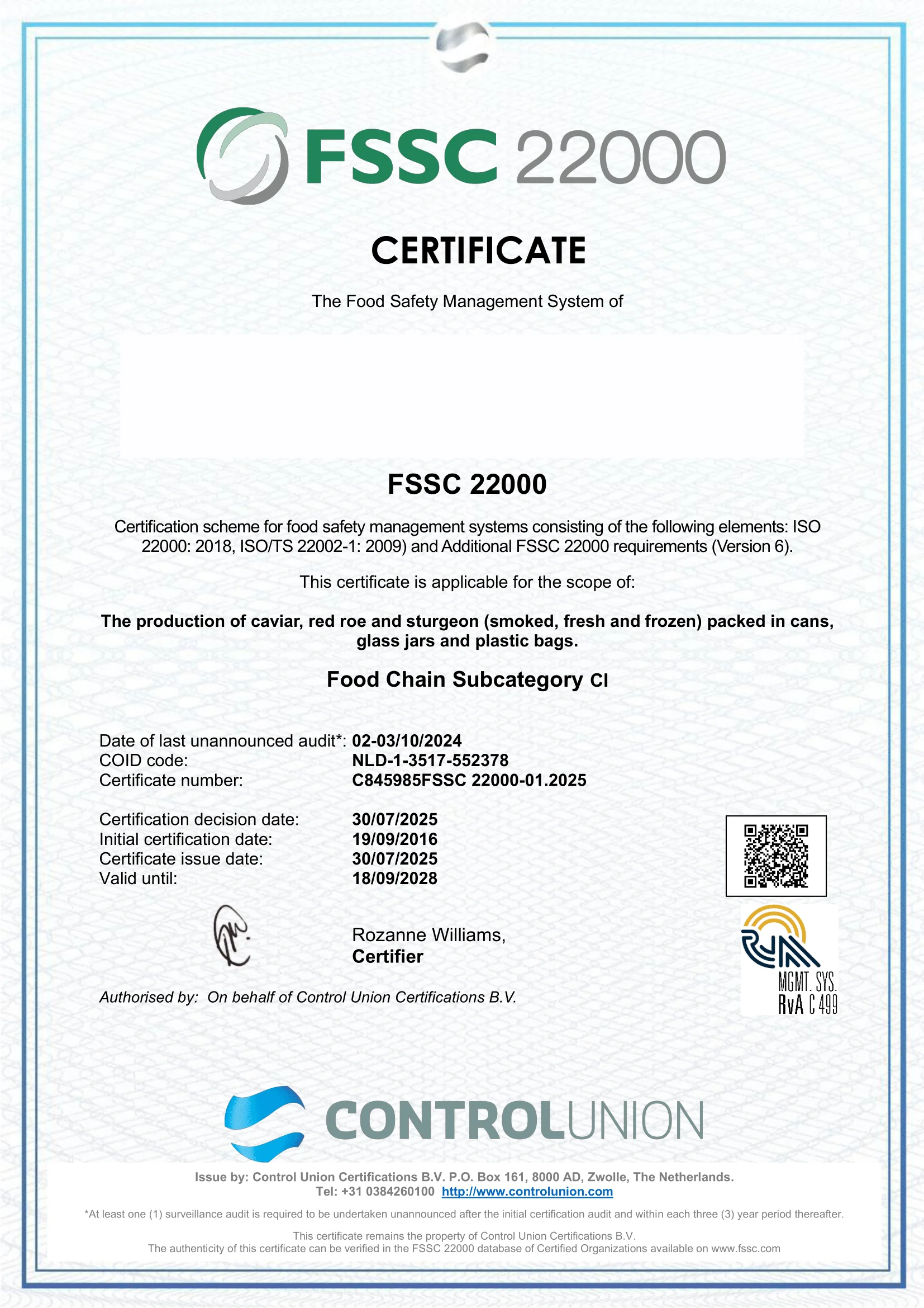FSSC 22000-certificaat (geanonimiseerd)