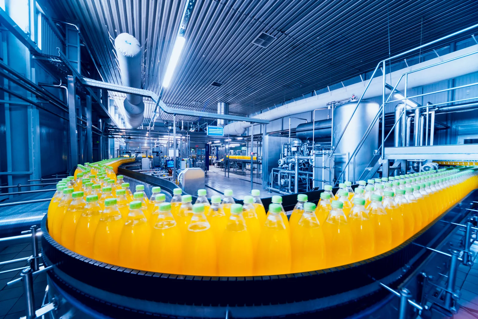 Productielijn met flessen in een voedingsfabriek