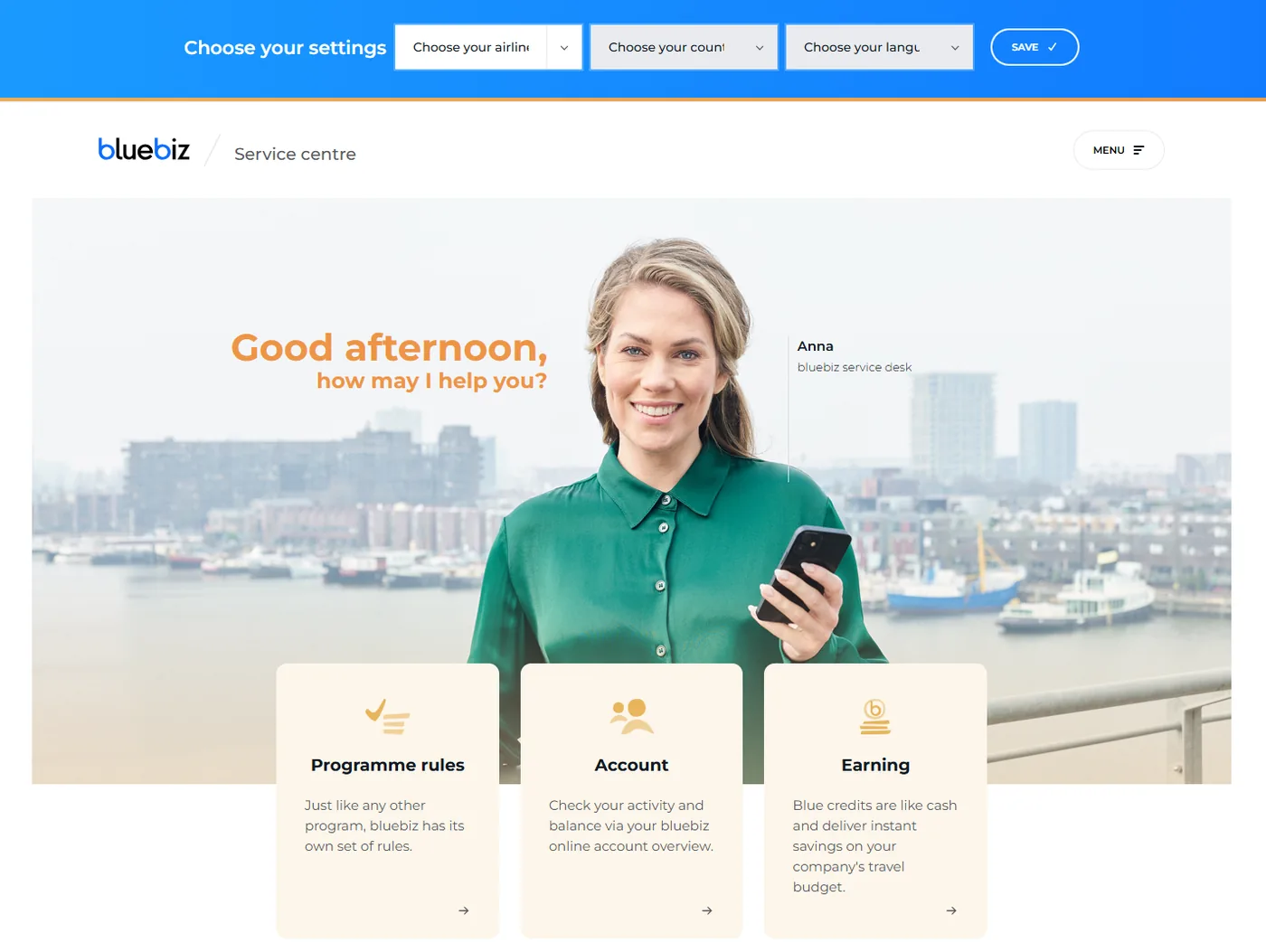 Bluebiz service centre met persoonlijke begroeting