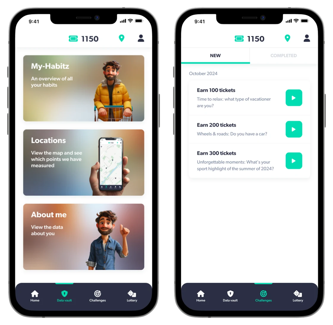 Twee schermen uit de My-Habitz-app: de datakluis en de vragenlijsten