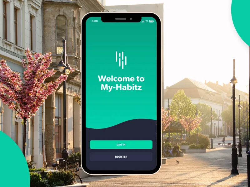 De My-Habitz-app op een telefoon in een winkelstraat