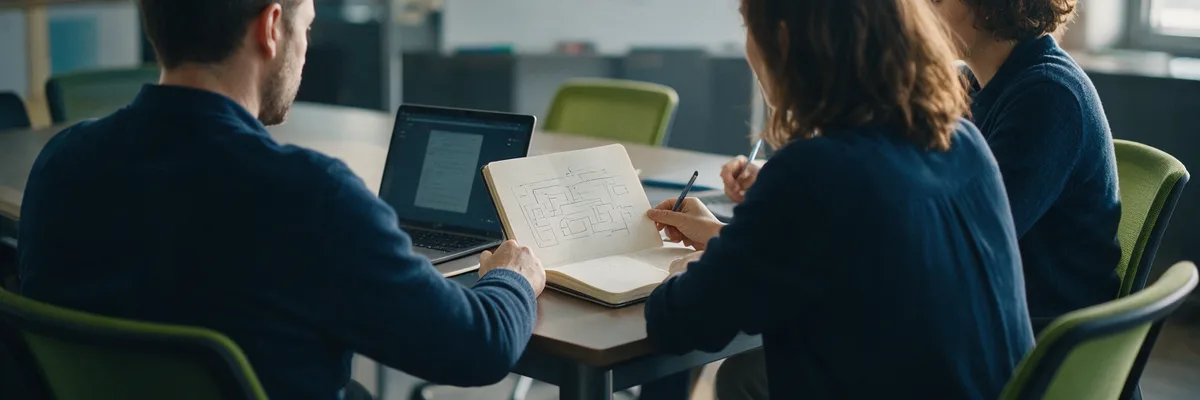 Foto van een klein team in een vergaderruimte dat aan tafel een schets van een softwareontwerp bespreekt, van achteren gezien